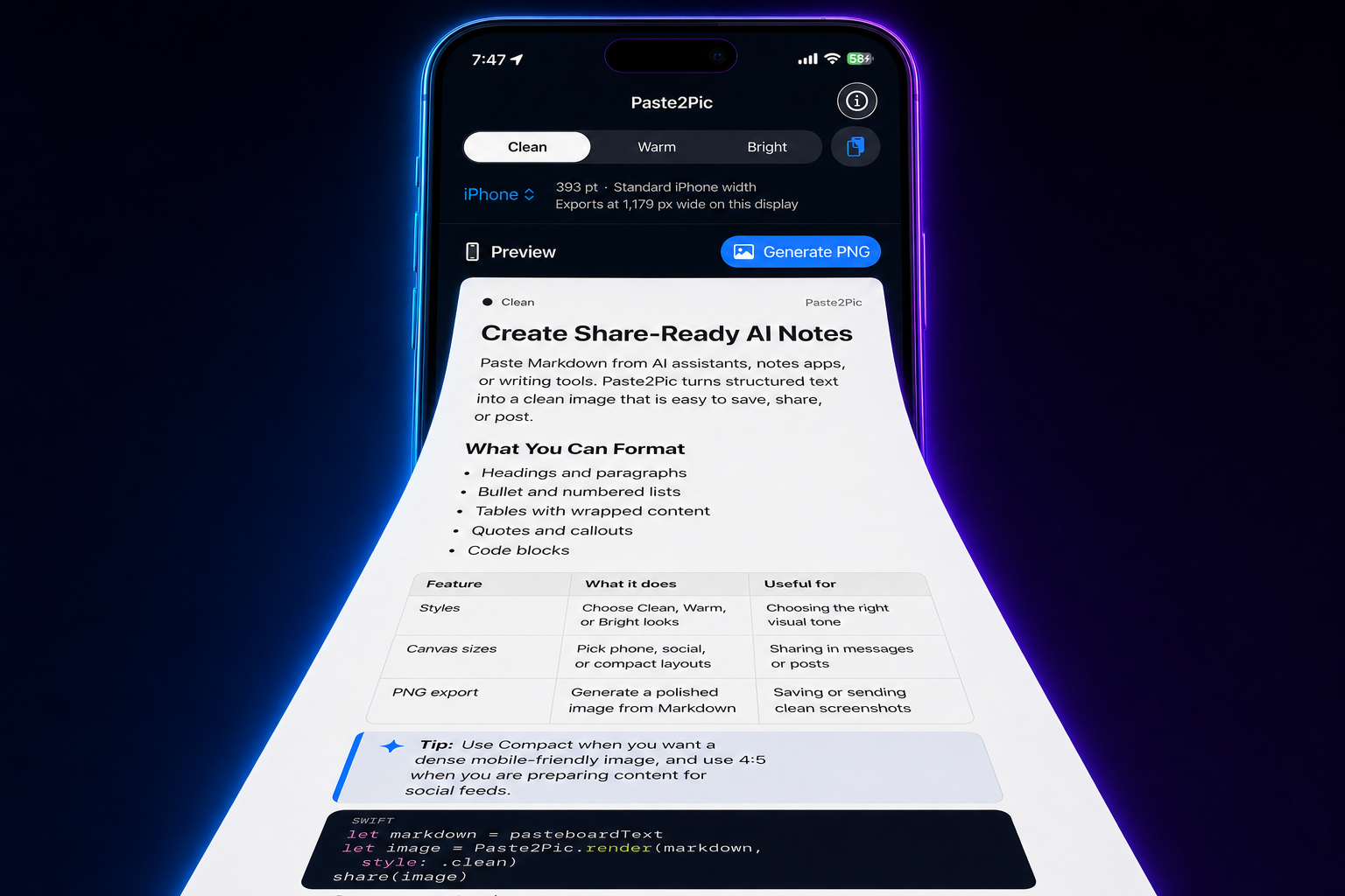 Paste2Pic showing a complete phone interface and a smooth continuous long PNG export
